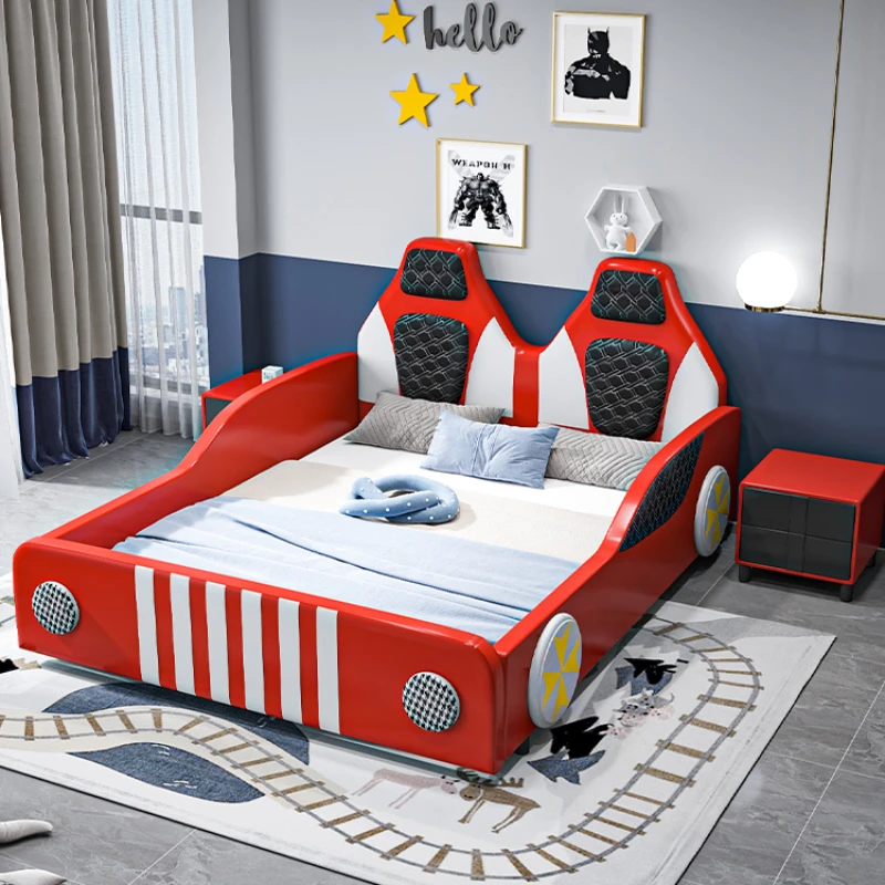 

Modern minimalist multifunctional single solid wood with guardrail creative racing bed for car bedroom