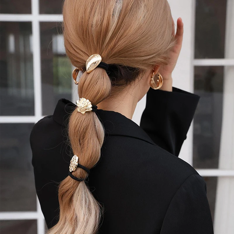 Fashion Punk Metal Irregular Hair Bands Gold Color Elastic Hair Scrunchies Ponytail Hair Rope Women Girls Hair Accessories 1PCS