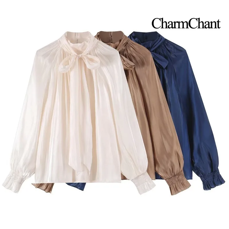 CHARMCHANT Chemisier plissé à manches longues et col noué avec nœud papillon métallique pour femme, manches à volants, coupe ample, chemise de travail élégante, automne-hiver 2026