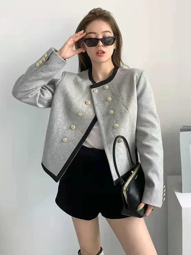 Zoki Fashion Grey Tweed Jacket Women Harajuku Irregular Elegant Coat Korean Long Sleeve Double Breasted Design Simple Casual Top