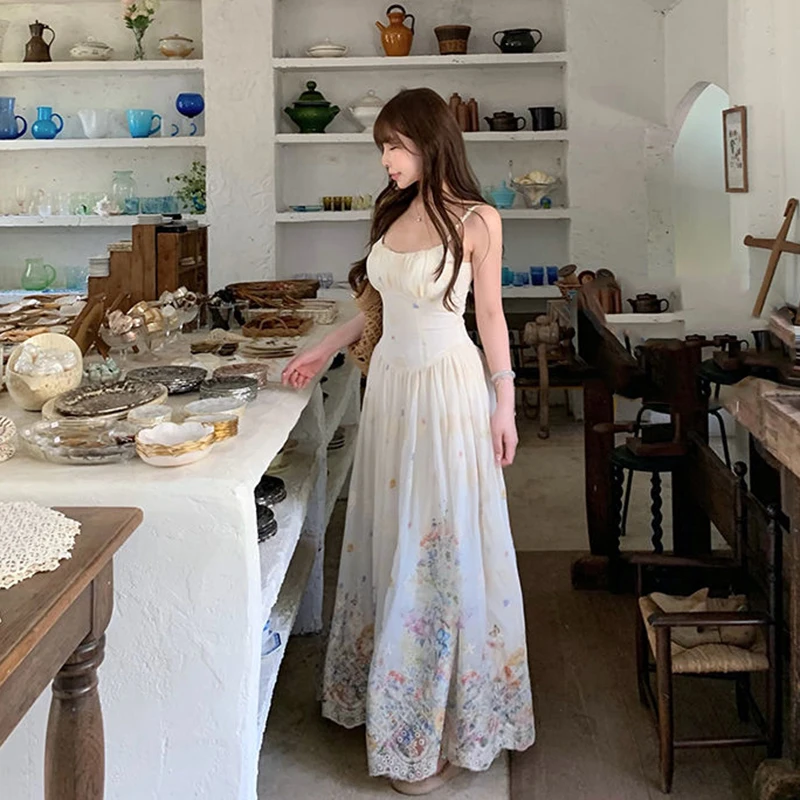 Abito con cinturino per spaghetti con stampa dolce Donna Moda coreana Vacanza Abito floreale senza maniche Estate Harajuku Dolce Camis Abiti lunghi