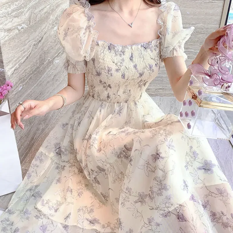 

Summer Chiffon Elegant Kawali Dress Women Floral Print Sweet Princess Casual Midi Dress Puff Sleeve Party Holiday Dress