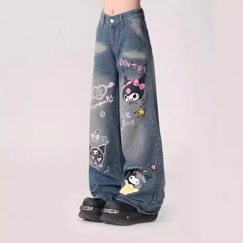 Sanrio Kuromi Printed Micro Flared Jeans Korean Streetwear Loose Straight Trousers Y2k Female Fashion High Waist Wide Leg Pants