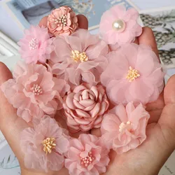 10PCS/Lot Pink Mix Chiffon Handmade Fabric Simulation Flowers For Wedding Dress Hat Shoes Decoration DIY Accessories
