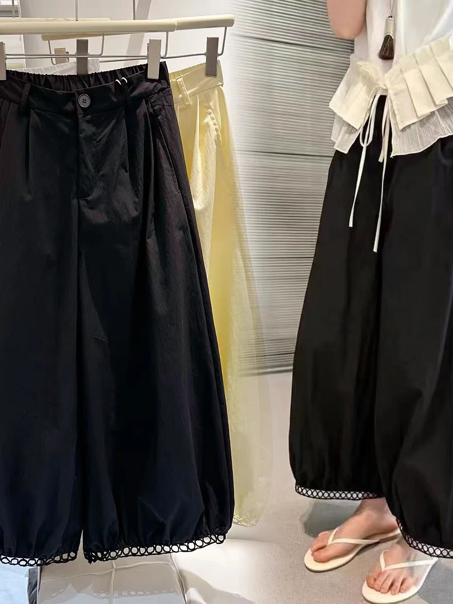 여름 얇은 레이스 트림 랜턴 팬츠 여성용 나인 포인트 슬림 와이드 레그 팬츠 벌룬 팬츠 캐주얼 바지