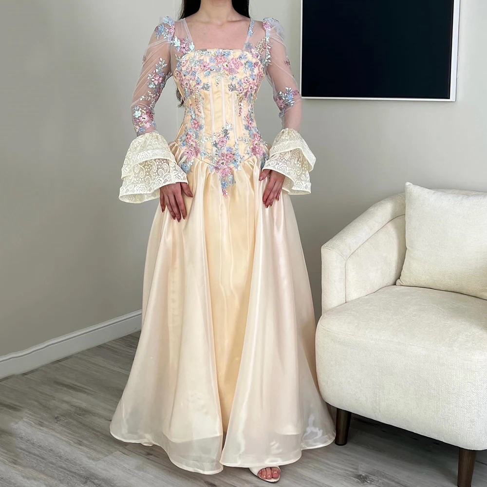 

Women's A-line Evening Dresses Ankle-length Square Collar Full Sleeve Prom Gown Fashion Flowers Simple Draped Customized Gowns