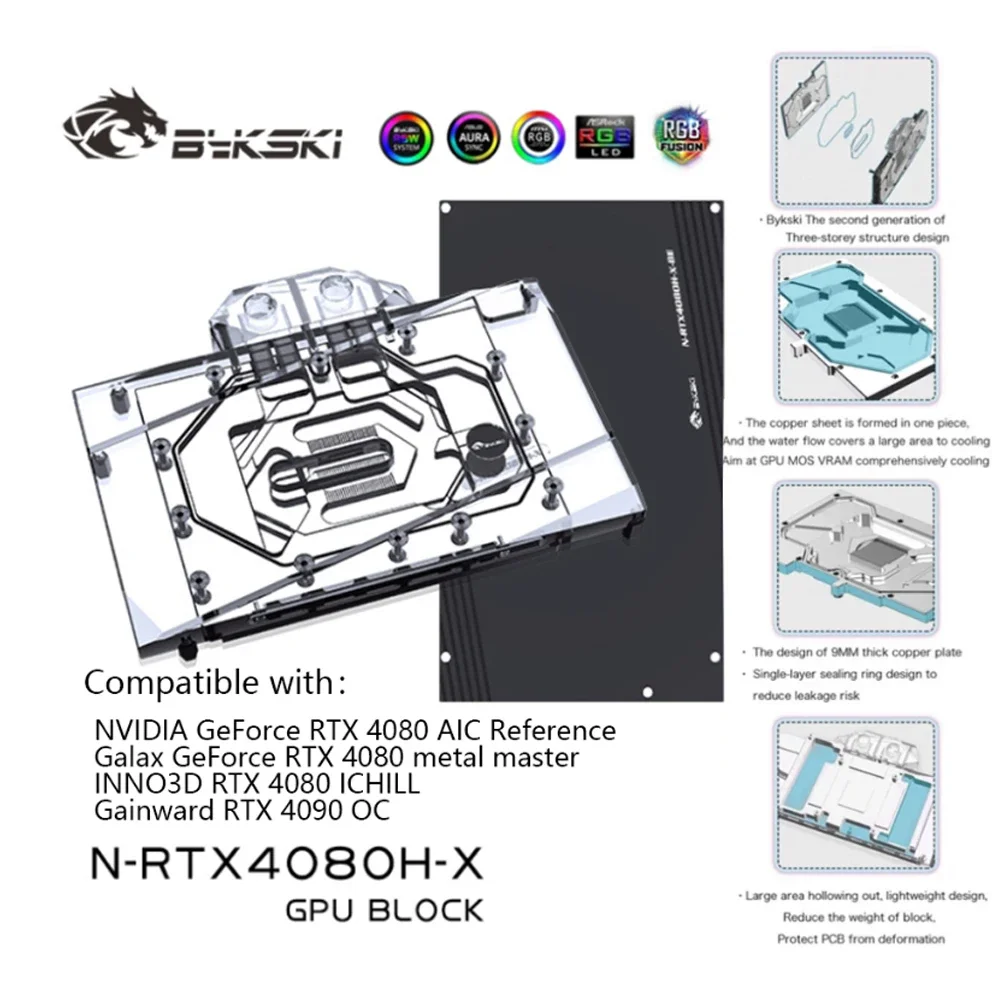 

Bykski N-RTX4080H-X GPU Water Cooling Block for NVIDIA RTX 4080 AIC / Galax RTX 4080 Full Cover with Backplate