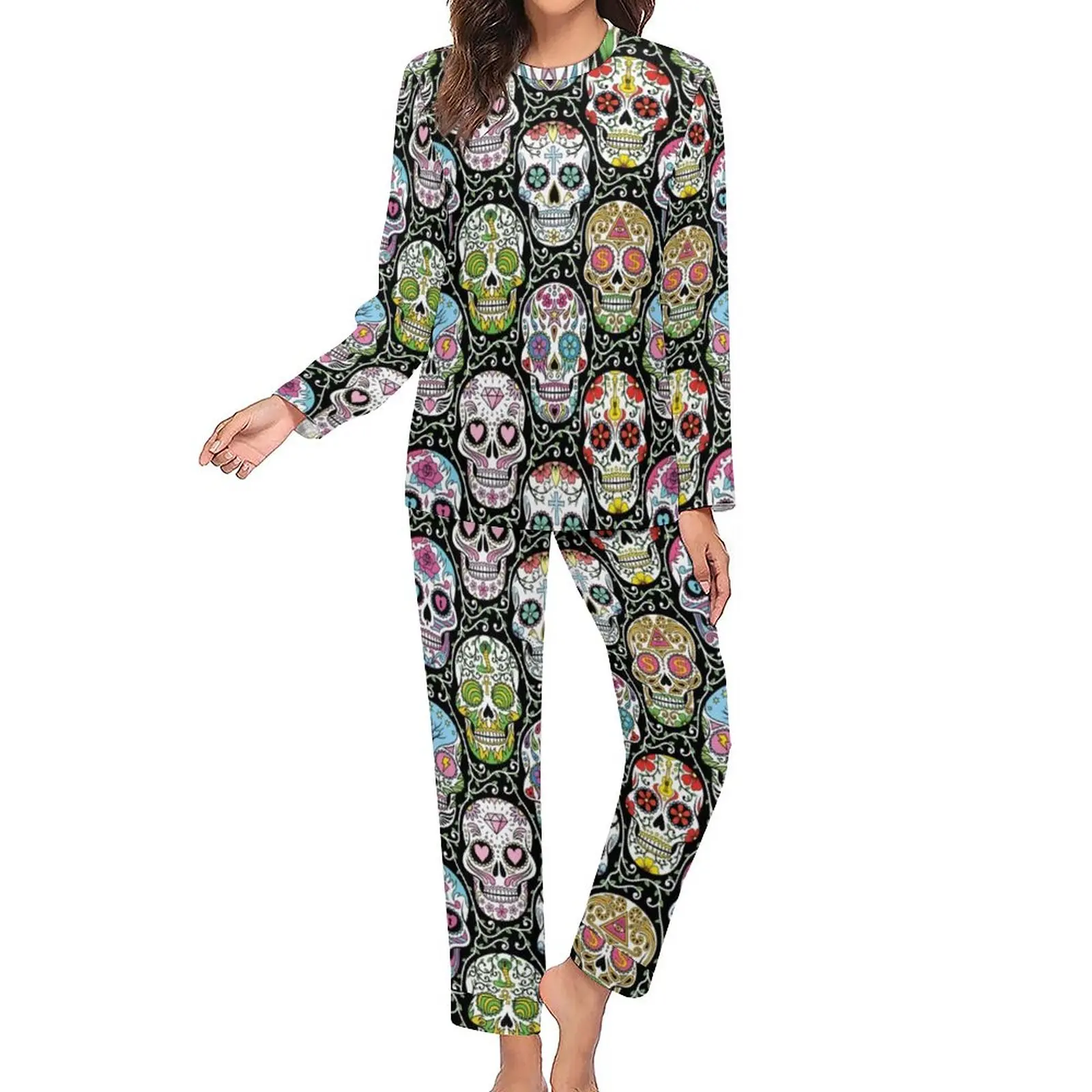 Colorful Skeleton Pajamas Lady Mexican Sugar Skull Trendy Sleepwear Spring 2 Pieces Aesthetic Oversize Pajama Sets