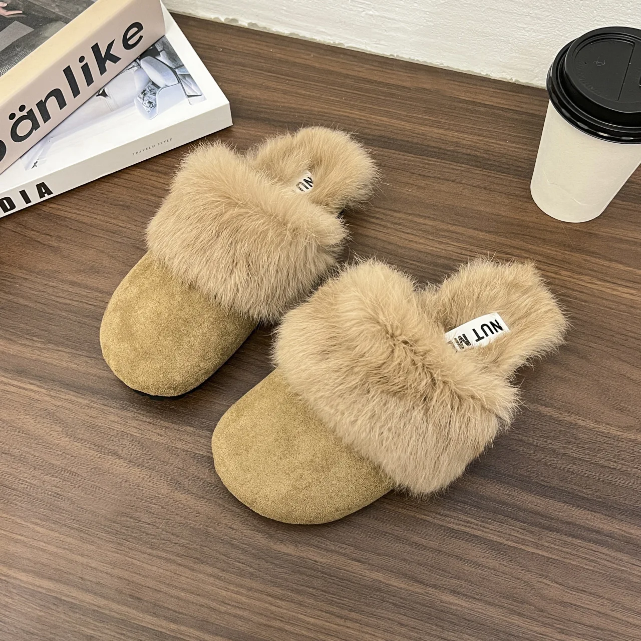 Fur Mules Women Shoes Closed Toe Slippers Comfortable Slip On Slides Shallow Flat Platform Mule Casual Zapatos Mujer Khaki Brown