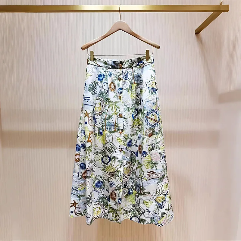 

Summer 2026 Starfish Coconut Tree Vacation Style Collared Shirt And Skirt Set Short Length Floral Print Cotton Blend Women's ...