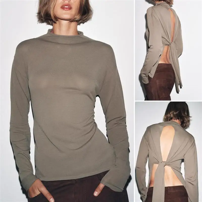 Sweter damski z dzianiny na wczesną jesień, rozcięcie z przodu, długi rękaw, golf, ozdobny węzeł, styl europejski.