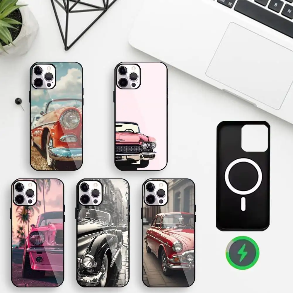 

Retro American car Phone Case For iPhone17,16,15,14,13,12,Wireless charging protective case soft cover