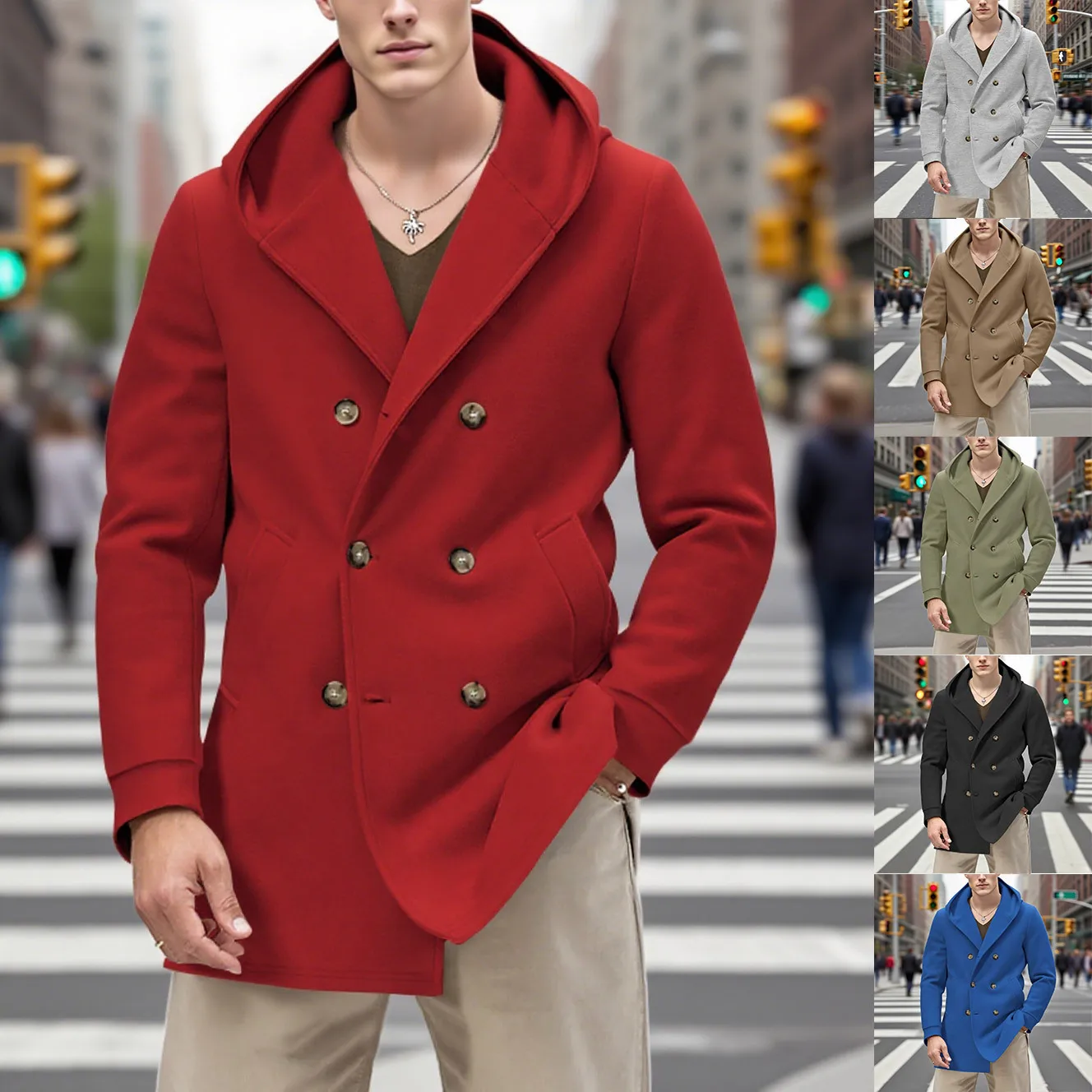 

Новинка 2025 года, мужской однотонный двубортный плащ средней длины с капюшоном, повседневный, доступно несколько цветов