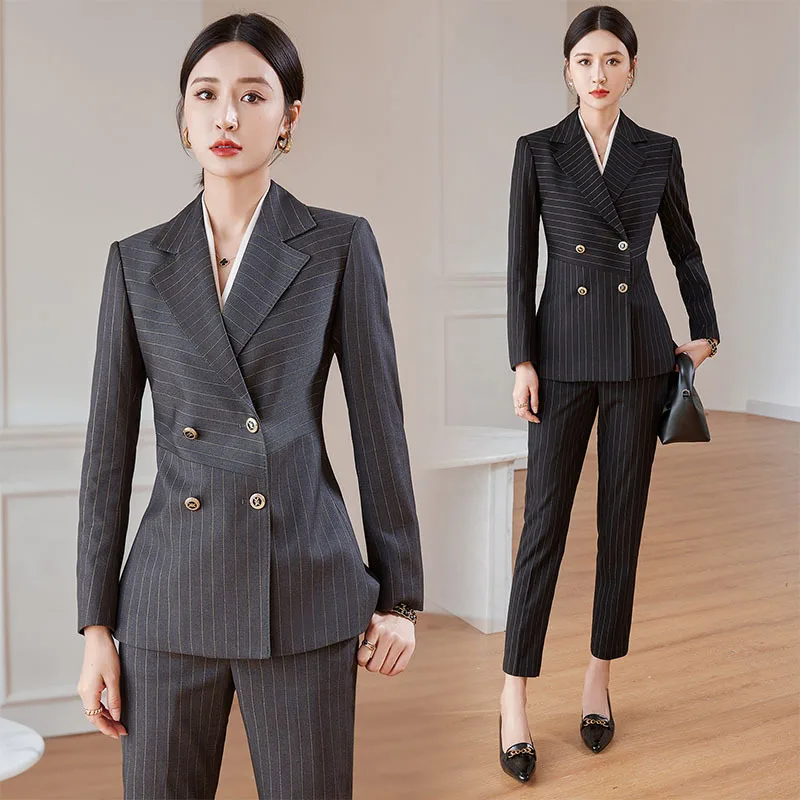 

Long Sleeve Fabric Striped Fashion Suit Black Formal Wear Gray Work Uniforms Navy Blue Civil Servant Suit