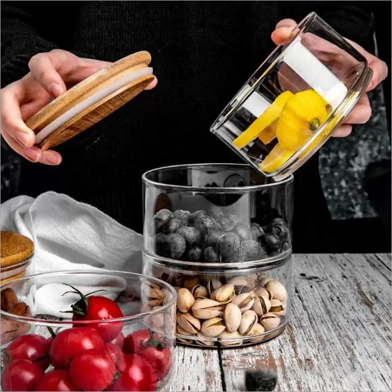 

4 Pcs Fresh Bowl Delicate Kitchen Containers with Bamboo Lid Sealed Jar Cereal Storage Air Tight Canister Dispenser Cover Glass