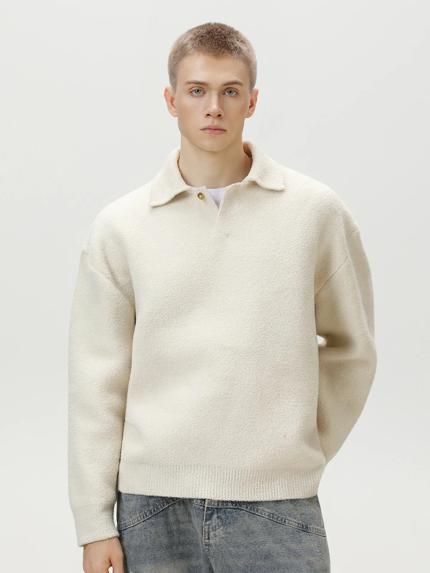 アメリカンレトロカモメ襟セーター メンズ 秋冬新作 厚手 暖かい ハーフフリースニットプルオーバー ルーズフィット アウター