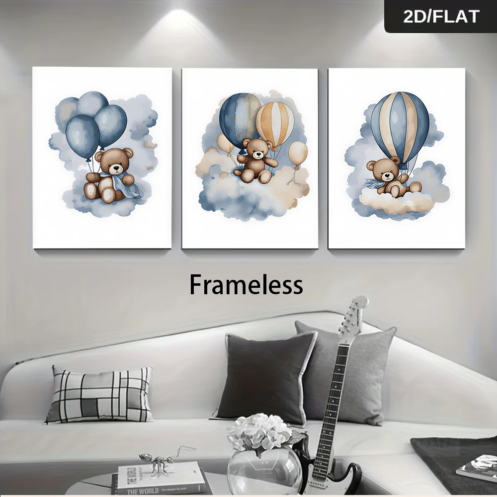 1 set of cute little bear children's room triple frameless decoration painting simple modern 2D plan