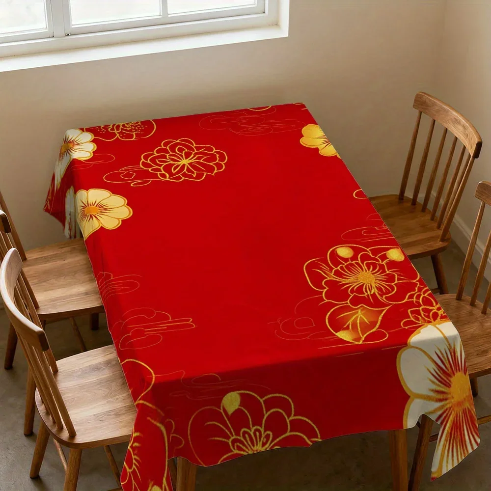 1Pc Rectangular Tablecloth Red Golden Floral Print Table Cover For Dining Room Kitchen Party Decoration Dustproof Oilproof Stai