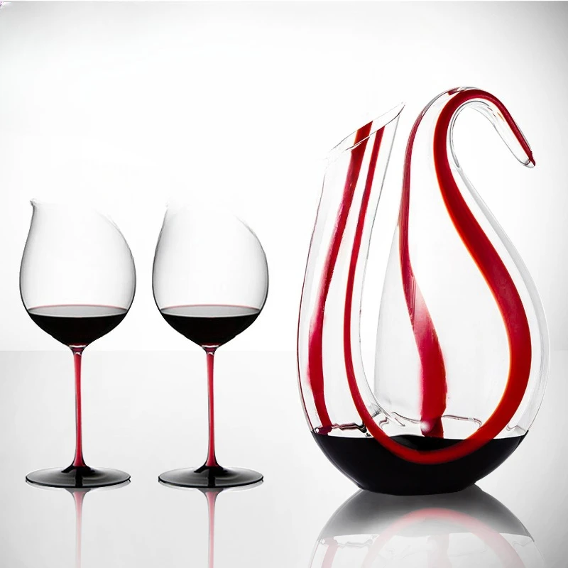 Handmade decanter, red bow tie handmade red wine glass