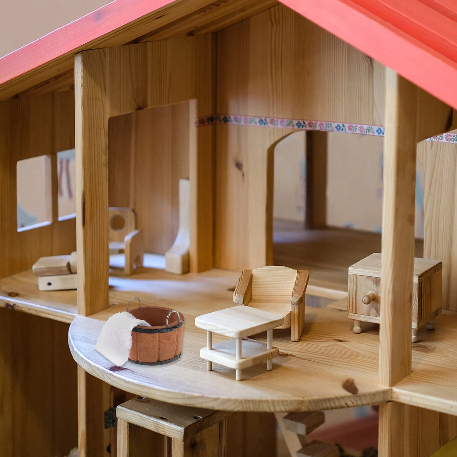 

1Set Miniature Wooden Washing Bucket Sturdy Bathroom Scene Prop Small Basin Home Decoration Mini House Supplies Photo Decoration