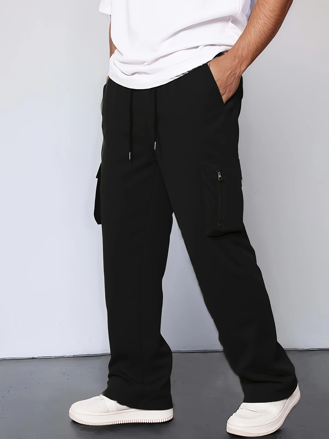 

Мужские черные брюки-карго, уличная одежда, свободные брюки прямого кроя, повседневная спортивная одежда с несколькими карманами и завязками на талии, модные брюки