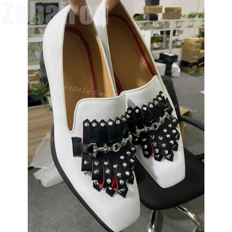 Metal Rivets Black Tassels White Square Toe Loafers Fashion Slip On Men Shoes Luxury Handmade Party Feast Office Men Dress Shoes