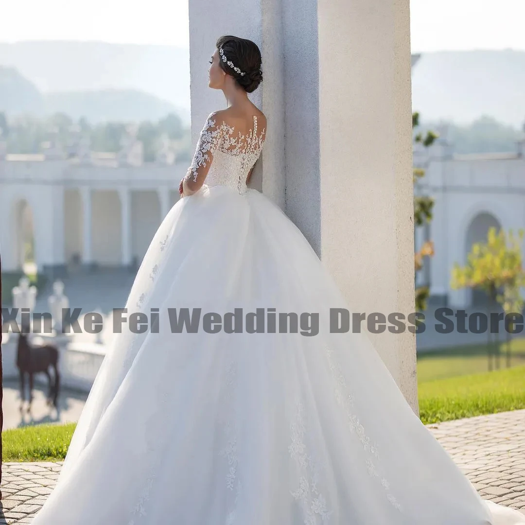 Abiti da sposa Sexy eleganti e soffici abito da sposa girocollo maniche lunghe Vestidos De Novia bellissimi abiti da sposa Applique in pizzo