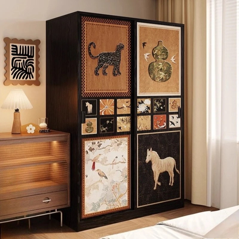 

Medieval Style Sliding Door Wooden Wardrobe Artistic Pattern Bedroom Household Furniture Clothes Closet Optional Top Cabinet