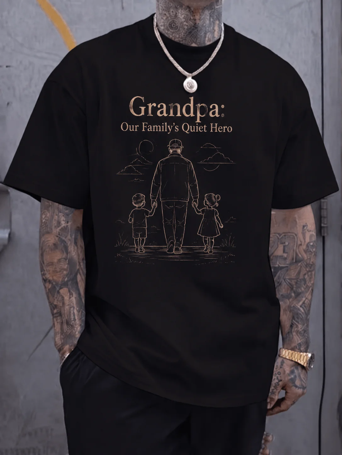 

Men Graphic t Shirt Short Sleeve Classic Fit Grandpa Family Silhouette Vintage Line Art Print Streetwear Outdoor Family Casual
