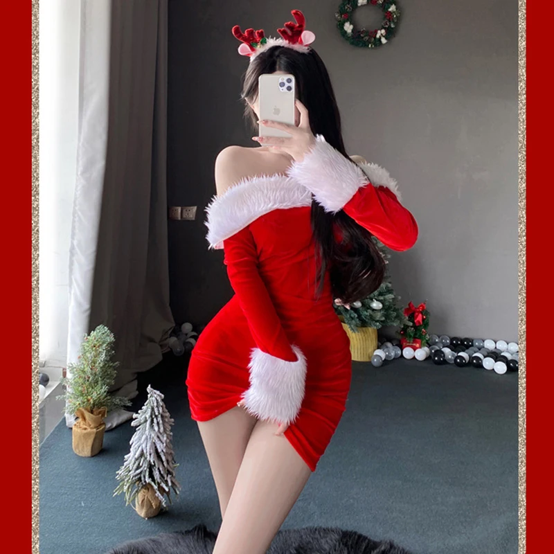 

Open Back Tight Fitting Dress Sexy Halloween Costumes Red Christmas Dress Santa Claus Cosplay Costume Christmas Sheath Dress