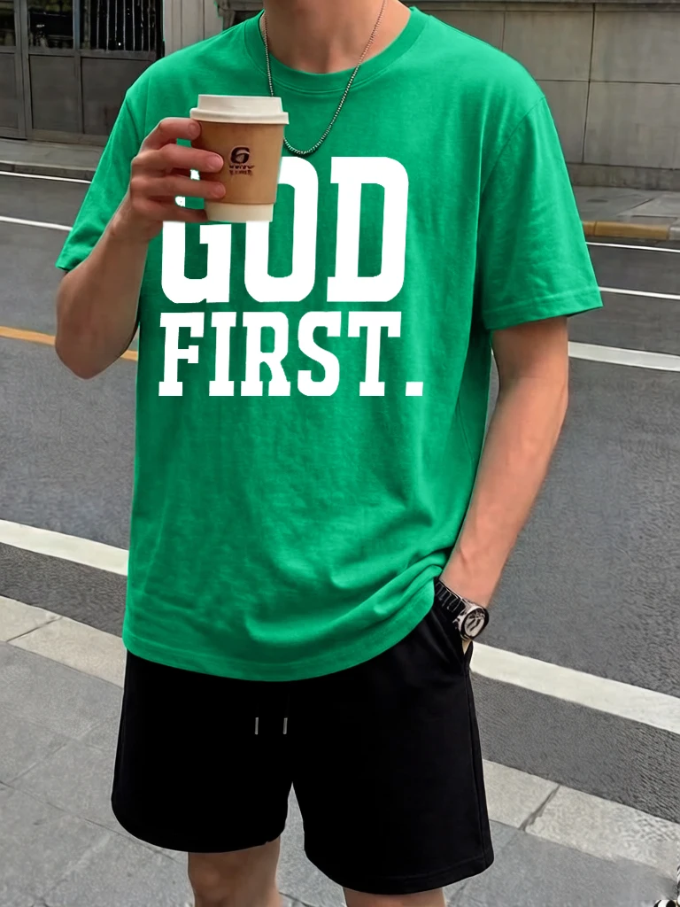 

God First Print Summer Simple Tops Men'S Sets Beach Running Short Pants Cotton Breathable O-Neck T-Shirt Fashion Classic Clothes