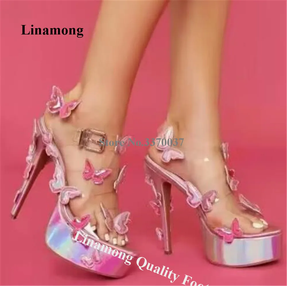 

Linamong Shining Pink Butterflies Decorated Clear PVC Thin Heel Sandals Open Toe Patchwork High Platform Stiletto Heel Sandals