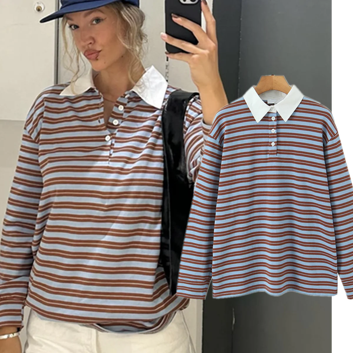 

Maxdutti Old School полосатый свитшот в американском винтажном стиле в студенческом стиле поло с воротником-поло футболка с длинными рукавами женская одежда