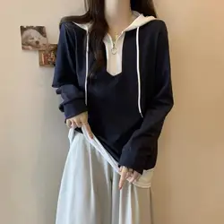 Women Korean Fashion Contrast Color Patchwork Hooded Sweatshirts Y2K Casual Half Zipper Long Sleeve Oversized Pullover Hoodies