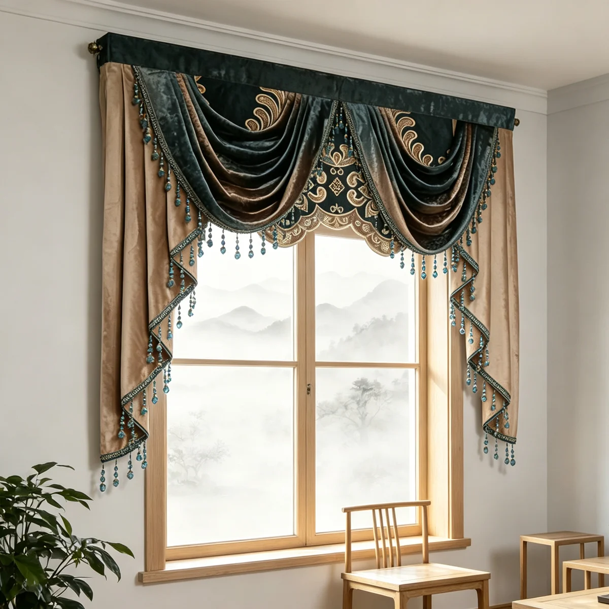 Vintage Velvet Embroidery Swag Curtain Valance, Beaded Tassel Decor Window Curtain Head for Household Windows