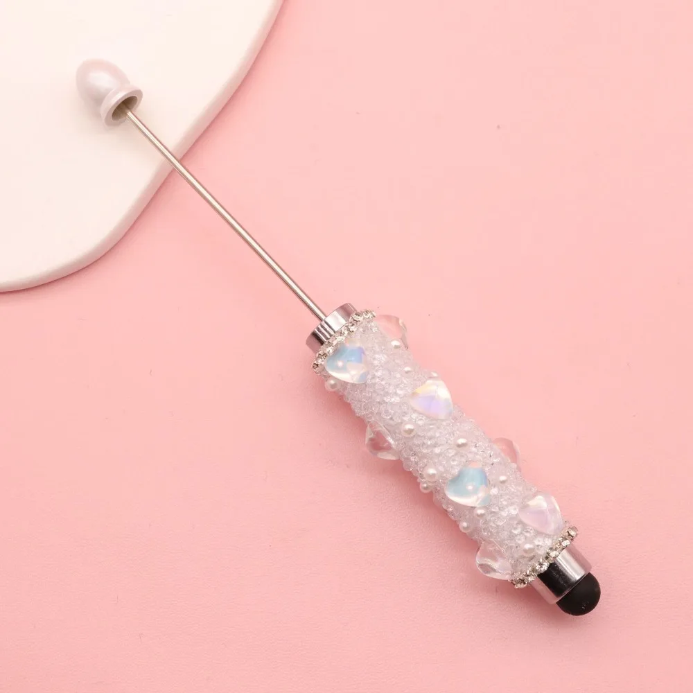 1pc Bling Bling Heart Diamond Beadable Pen DIY Beadable Capacitive Touch Stylus Pen 2-in-1 Ballpoint Pen Students
