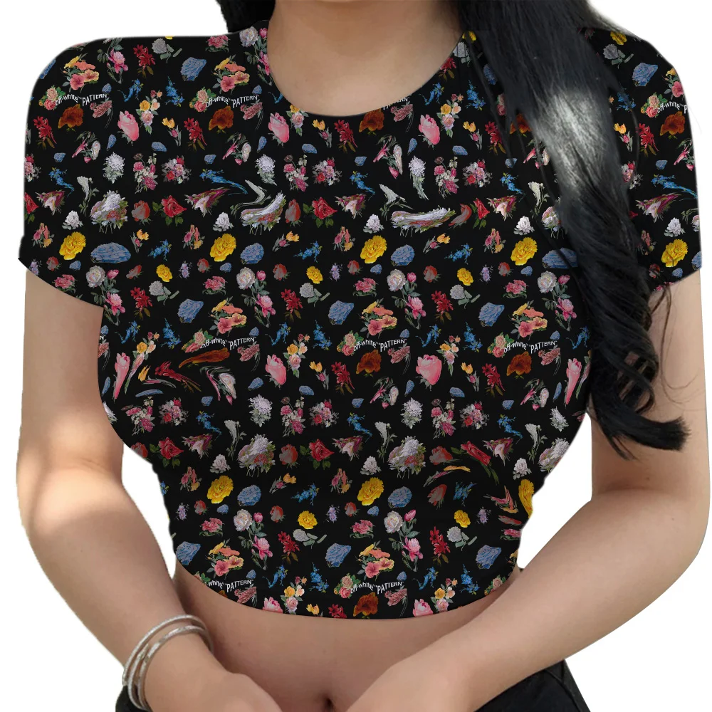 Retro Flower Crop Top For Women Summer Quick Dry T-shirts Ladies Casual Sports Clothes Streetwear Girls Gym Short Sleeve Tees