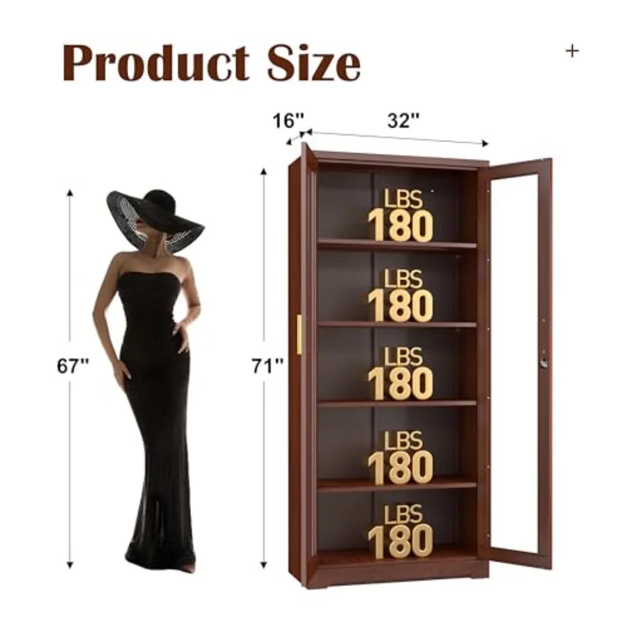 71 Glass Display Cabinet with Lock for Living Room, Tempered Glass, Black, Secure Storage and Elegant Showcase Design