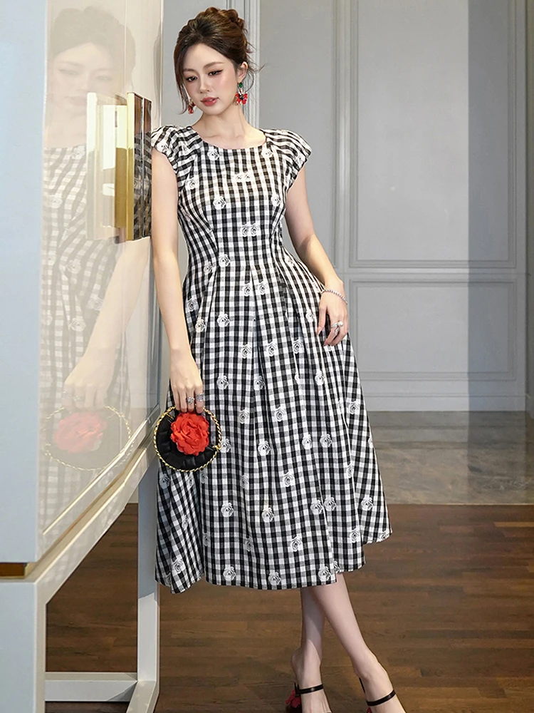 Damska Sukienka Midi w Czarno-Białą Kratę z Kwiatowym Nadrukiem, Retro Bufiaste Rękawy, Dopasowana Sukienka na Imprezę, Koktajl, Vestidos Femme Casual Letnia Nowość