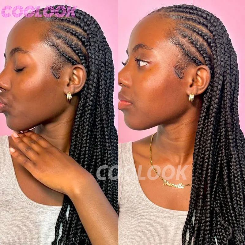 Synthetic Tribal Box Braided Wigs Full Lace Braided Wig Jumbo Box Braids Wigs 36 Inches Faux Locs Cornrows Wig For Black Women