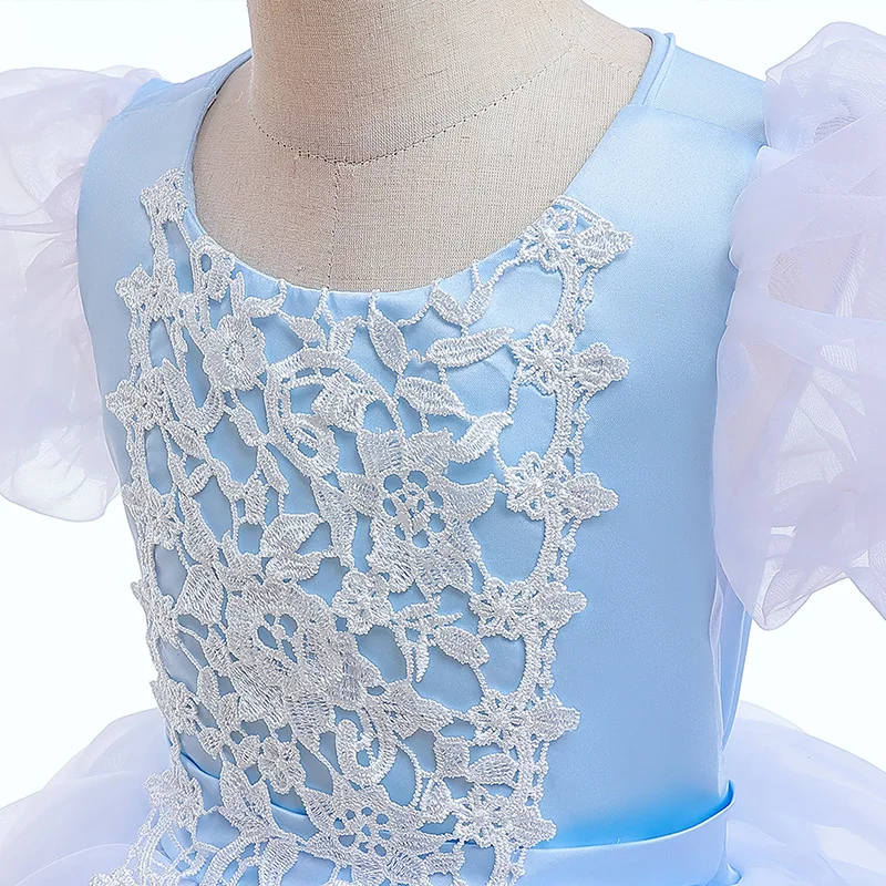 Halloween Role Play Costume Girl Embroidered Bubble Sleeves Princess Dress Carnival Birthday Party Lace Mesh Fluffy Dress
