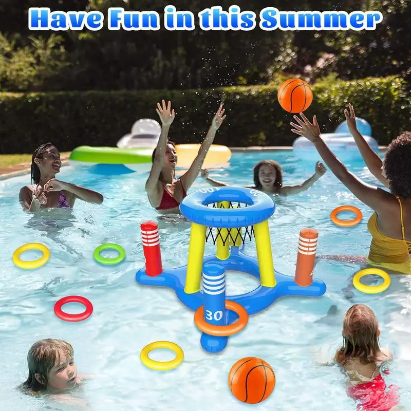 Basketball Hoop 2 In 1 Inflatable Pool Basketball Hoop Multifunctional Pool Toys Games With 8 Toss Rings Outdoor Water Game