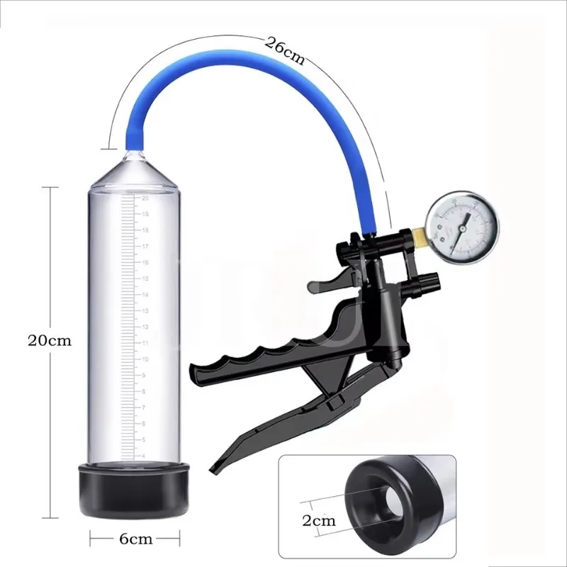 Men Manual Vacuum Penis Pump Kit, Transparent Acrylic Cylinder with Pressure Gauge Hand Pump Male Enlargement Trainer