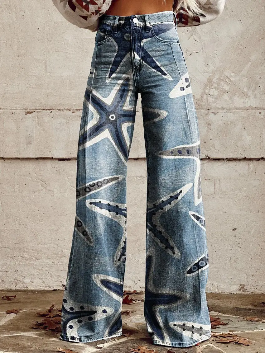 Women's 3D Printed Flare Jeans-Polyester Wide Leg Pants with Distressed Vintage Look, High Waist Comfort Fit for Street Fashion