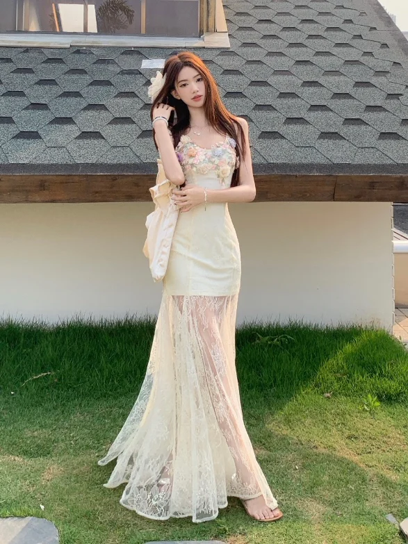 E Vestido Largo sin Tirantes con Escote en V y Bordado de Encaje, Vestido de Verano con Cola de Pez para Vacaciones en...