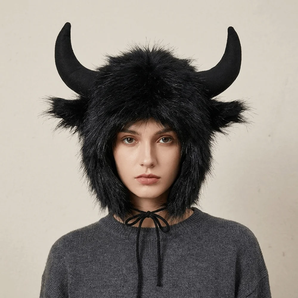 Vintage Solid Color Ox Horn Hat Fur Trim Thickened Demon Ear Protection Hat Thermal Fluffy Lei Feng Cap Riding