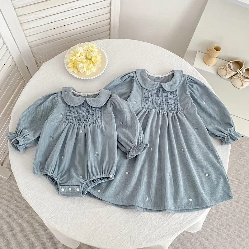 2026 New Spring Kids Princess Dresses Long Sleeved Corduroy Embroidery Children Clothes 2-6Yrs Girl Party Dress Sister Dress