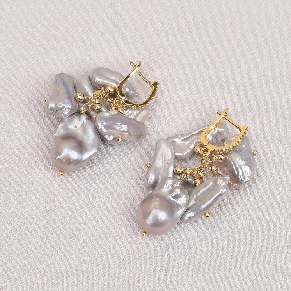 GG مثقف رمادي بيوا كيشي لؤلؤة متدلية أقراط اللؤلؤ الباروك الزركون معبد هوك