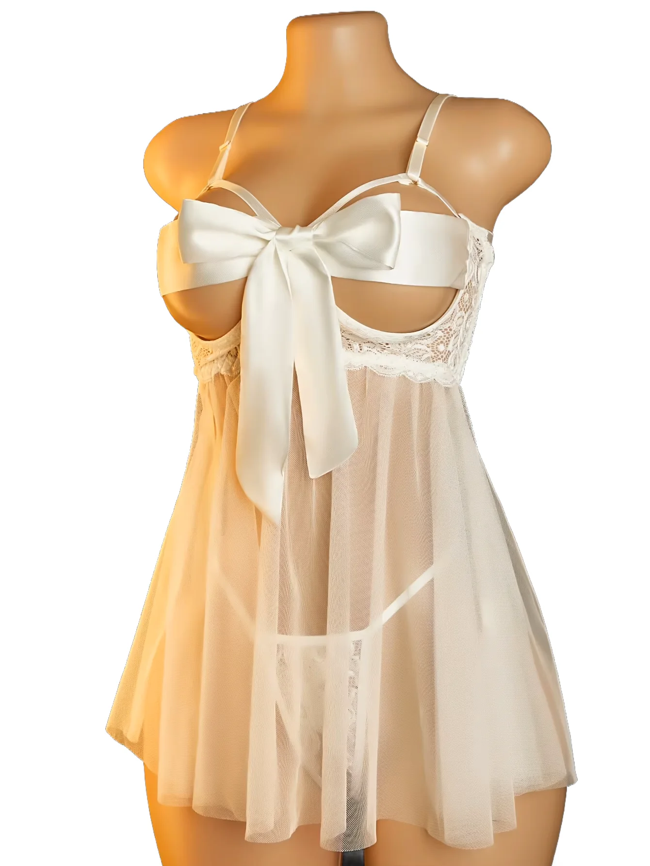 Conjunto de ropa de dormir elegante para mujer, vestido con cuello y tanga a juego, bata de noche suave para ocasiones románticas (talla única, para personas de 40 a 60 kg).