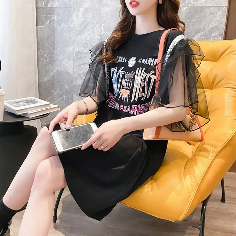 Female Clothing Korean Letter Printed Pullovers Summer Stylish Gauze Spliced Short Sleeve Casual Round Neck Loose Basic T-shirt